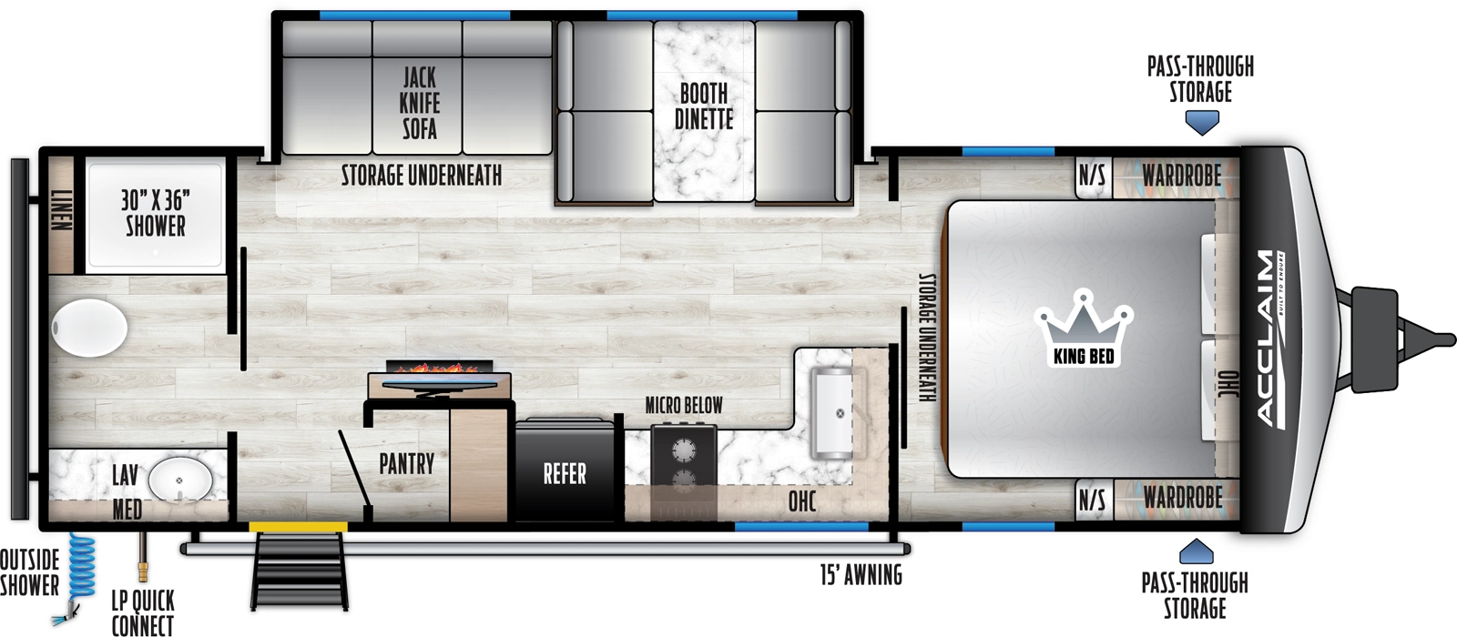 The Acclaim 2600RB floorplan has one entry and one slide out. Exterior features include: metal exterior and 15' awning. Interiors features include: front bedroom and rear bathroom.